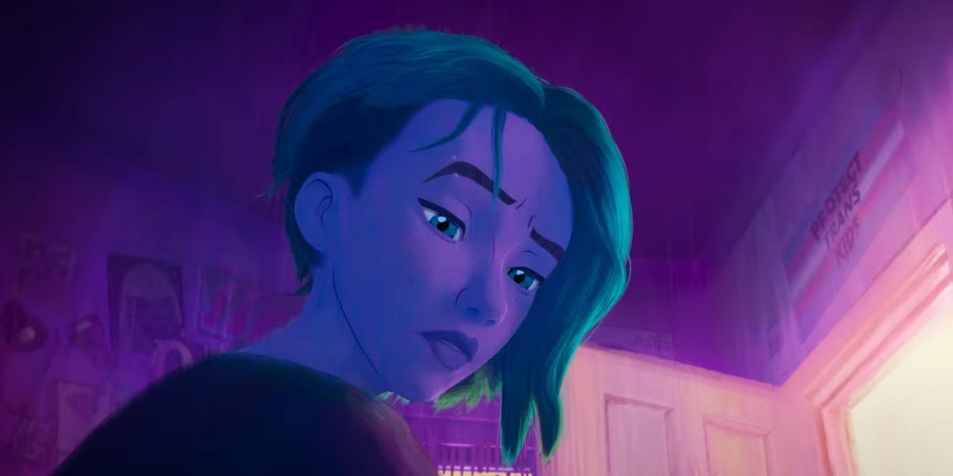 Gwen Stacy in her room with a trans pride flag seen behind her in Spider Man Across the Spider Verse