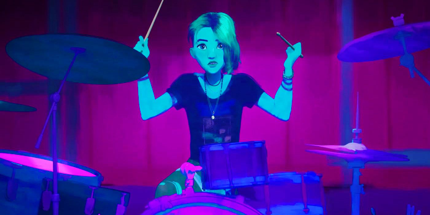 Gwen Stacy playing the drums in Spider-Man Across the Spider-Verse