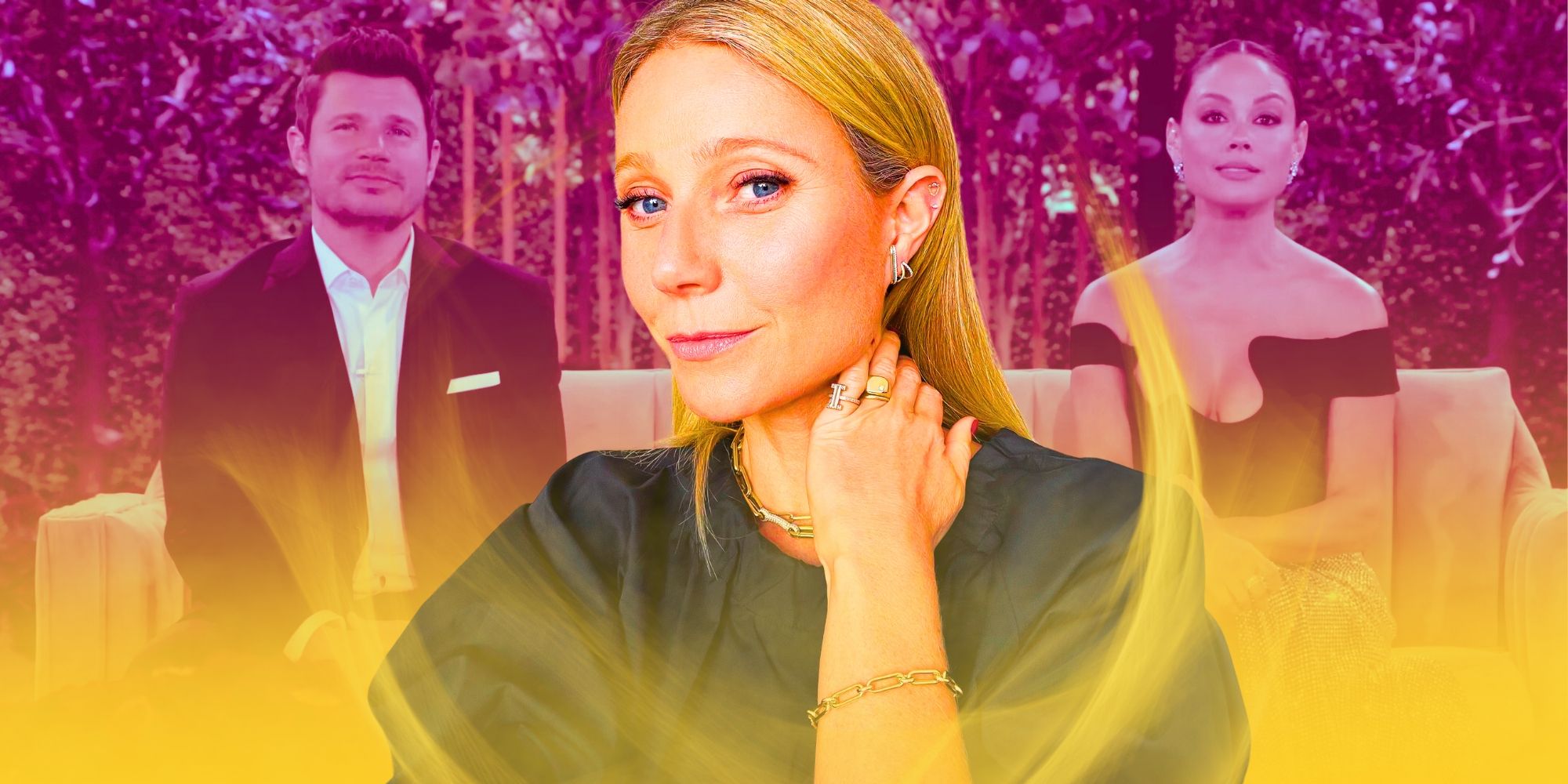 Gwyneth Paltrow, with Love Is Blind hosts Nick and Vanessa Lachey sitting behind her