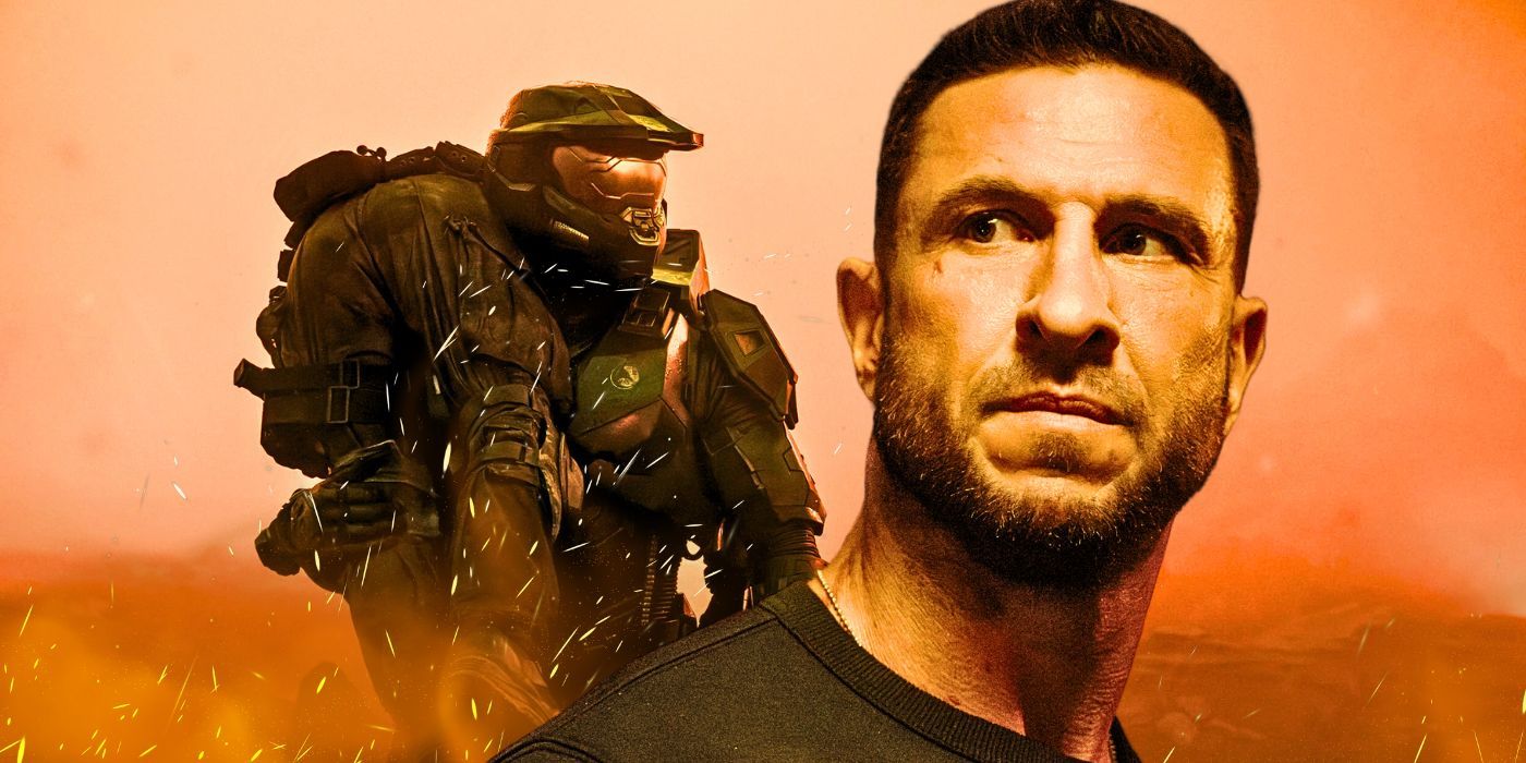 Pablo Schreiber looks serious as John-117 with Schreiber in Master Chief's armor behind him from Halo season 2