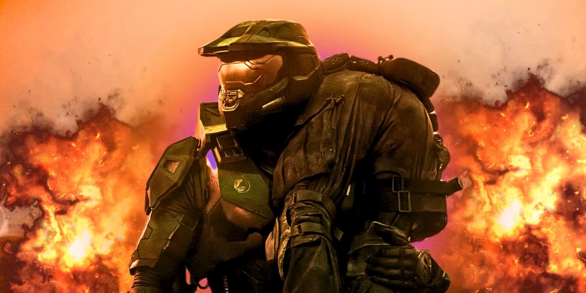 Master Chief running from an explosion, while carrying a man, in Halo season 2