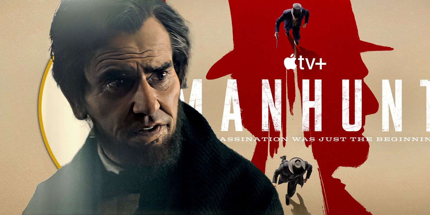 Hamish Linklater as Abraham Lincoln looking at the Manhunt key art in Interview header