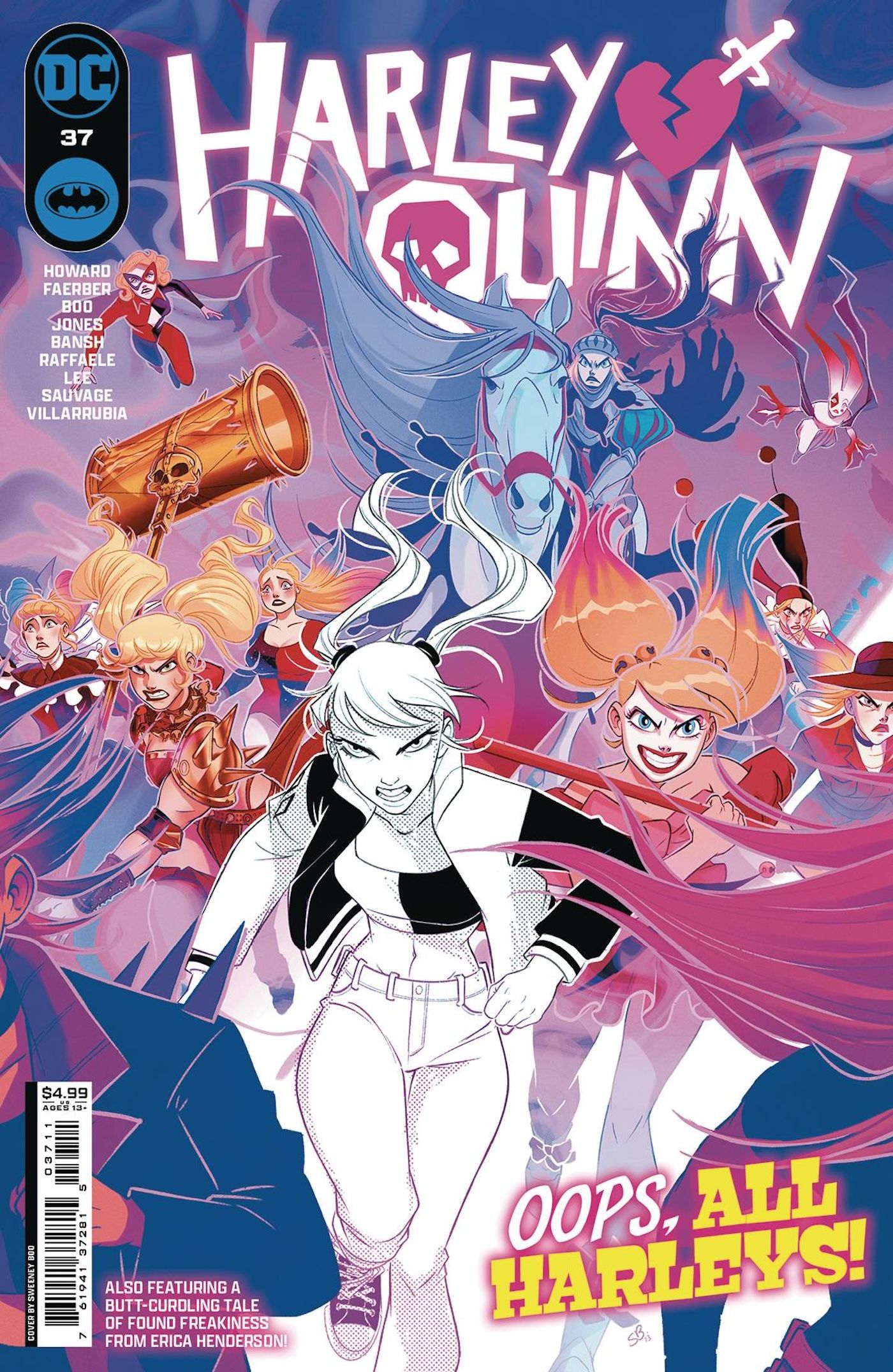 Harley Quinn 37 Main Cover: different multiversal versions of Harley Quinn run toward the reader.