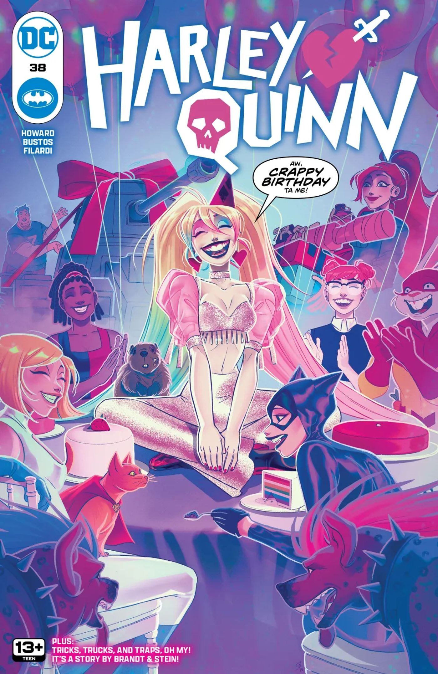 Capa principal de Harley Quinn 38: Harley, Mulher-Gato, Poderosa e outras pessoas em uma festa de aniversário.
