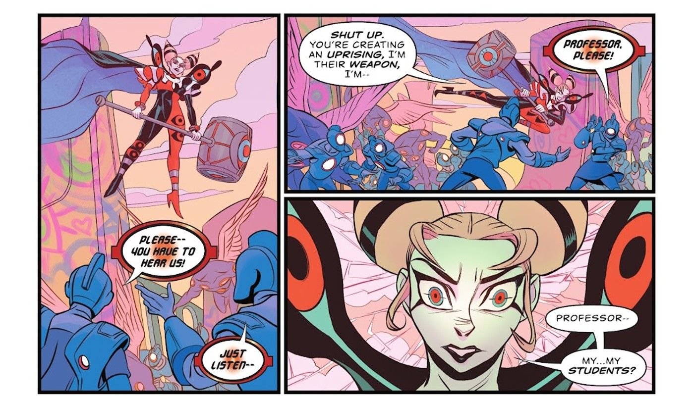 Painéis de quadrinhos Harley Quinn e seus alunos, que foram transformados em OMACs.