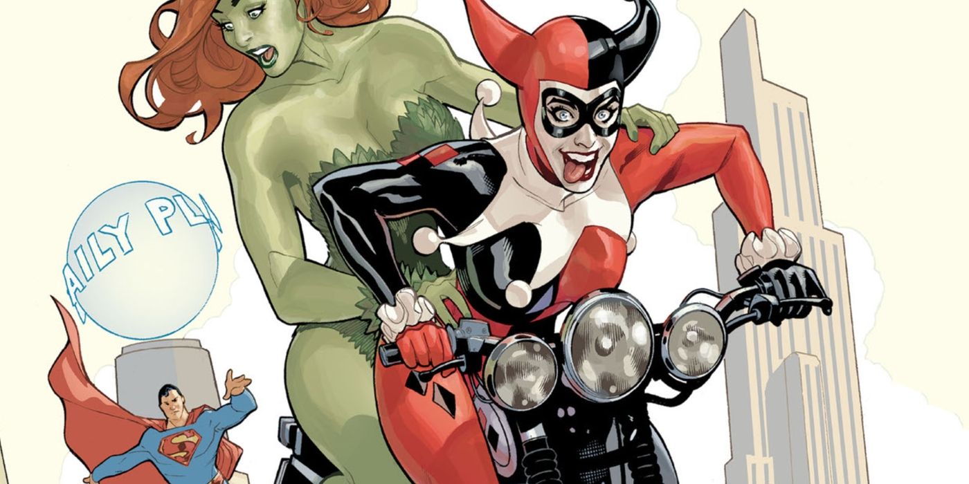 Harley Quinn e Poison Ivy pedalando para longe do Superman e do Planeta Diário