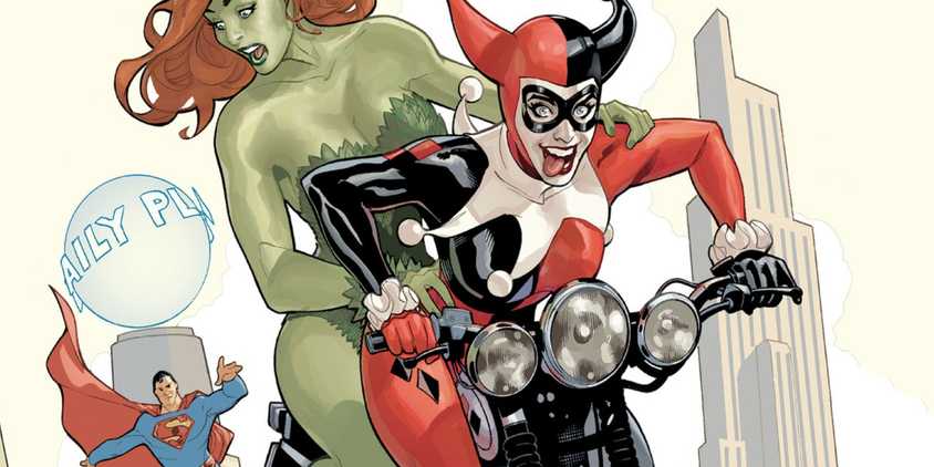 Harley Quinn and Poison Ivy Biking Away from Superman & the Daily Planet
