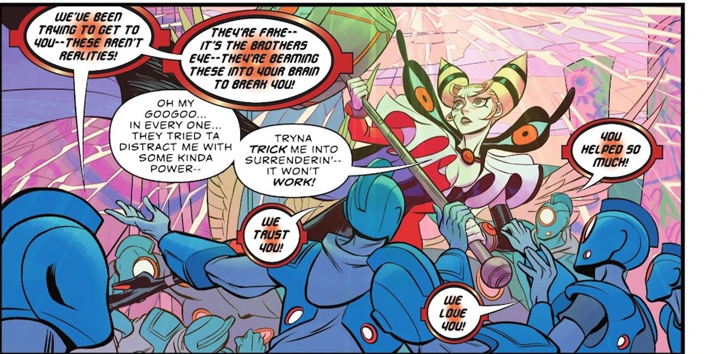 Comic book panels: Harley Quinn's students, as OMACs, tell her how much they adore her
