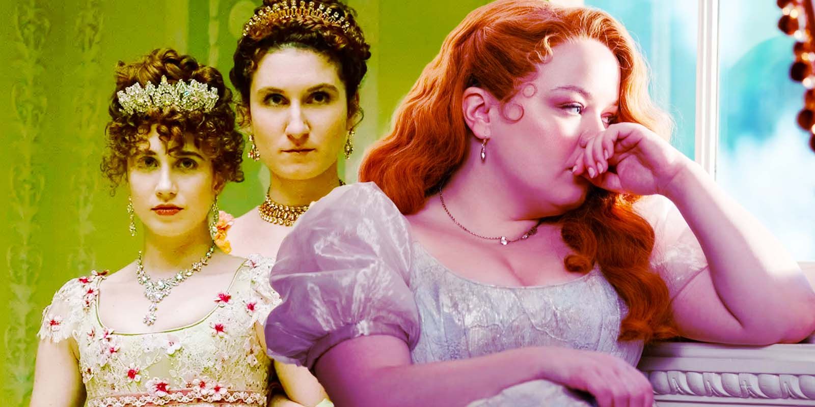 Harriet Cains as Philippa Featherington, Bessie Carter as Prudence Featherington, and Nicola Coughlan as Penelope Featherington in Bridgerton season 3