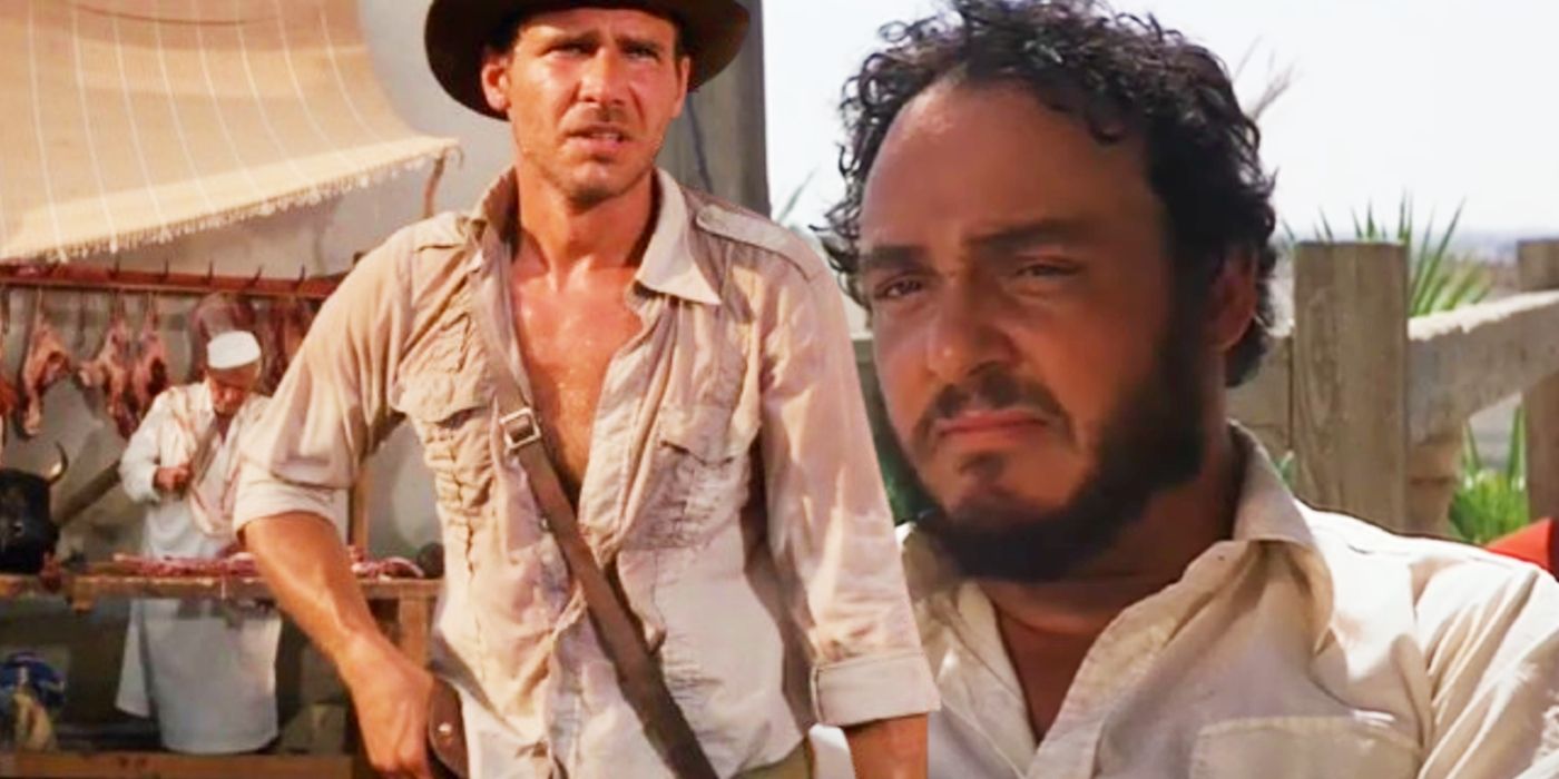 Harrison Ford as Indiana Jones juxtaposed with John Rhys-Davies as Sallah in Raiders of the Lost Ark
