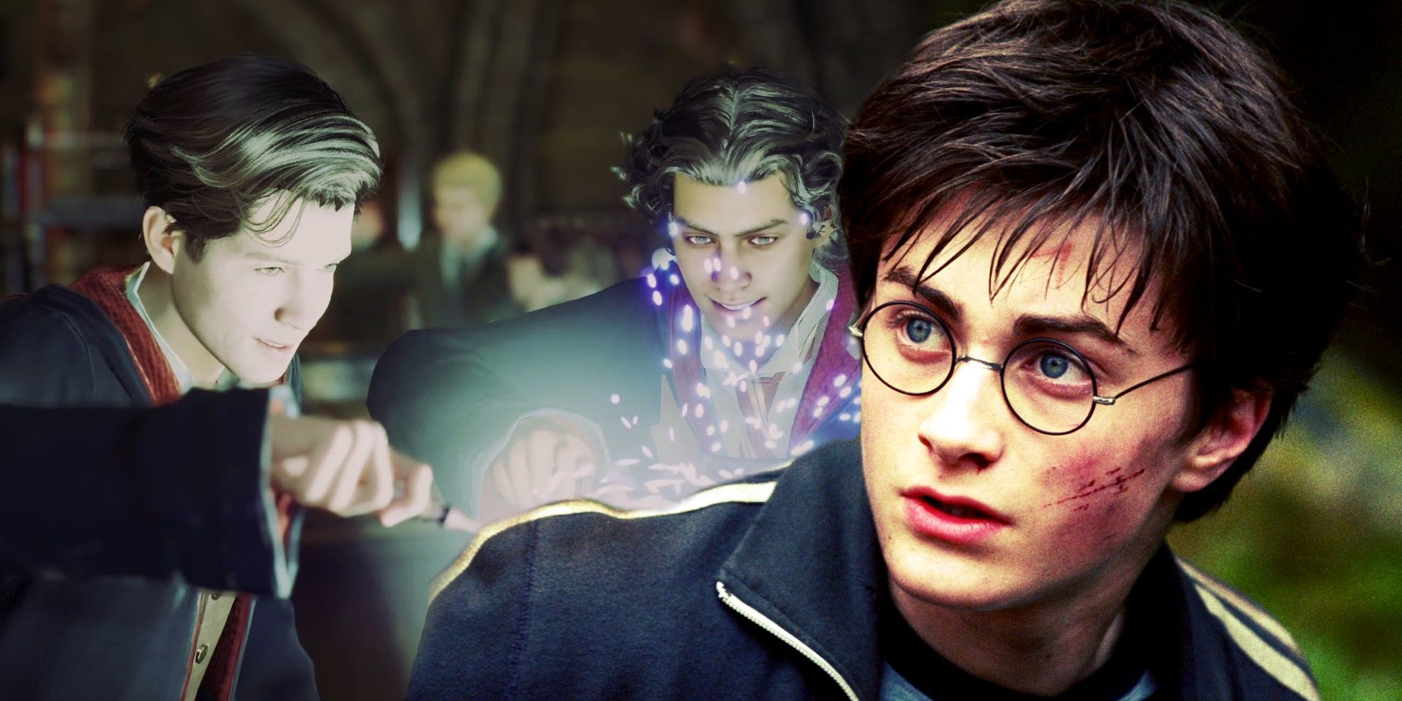 Harry Potter against an image of two students making a potion in Hogwarts Legacy