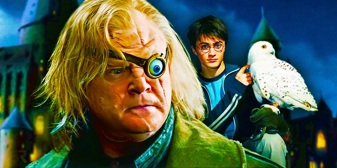 Brendan Gleeson as Mad Eye Mood and Harry Potter with Hedwig the owl