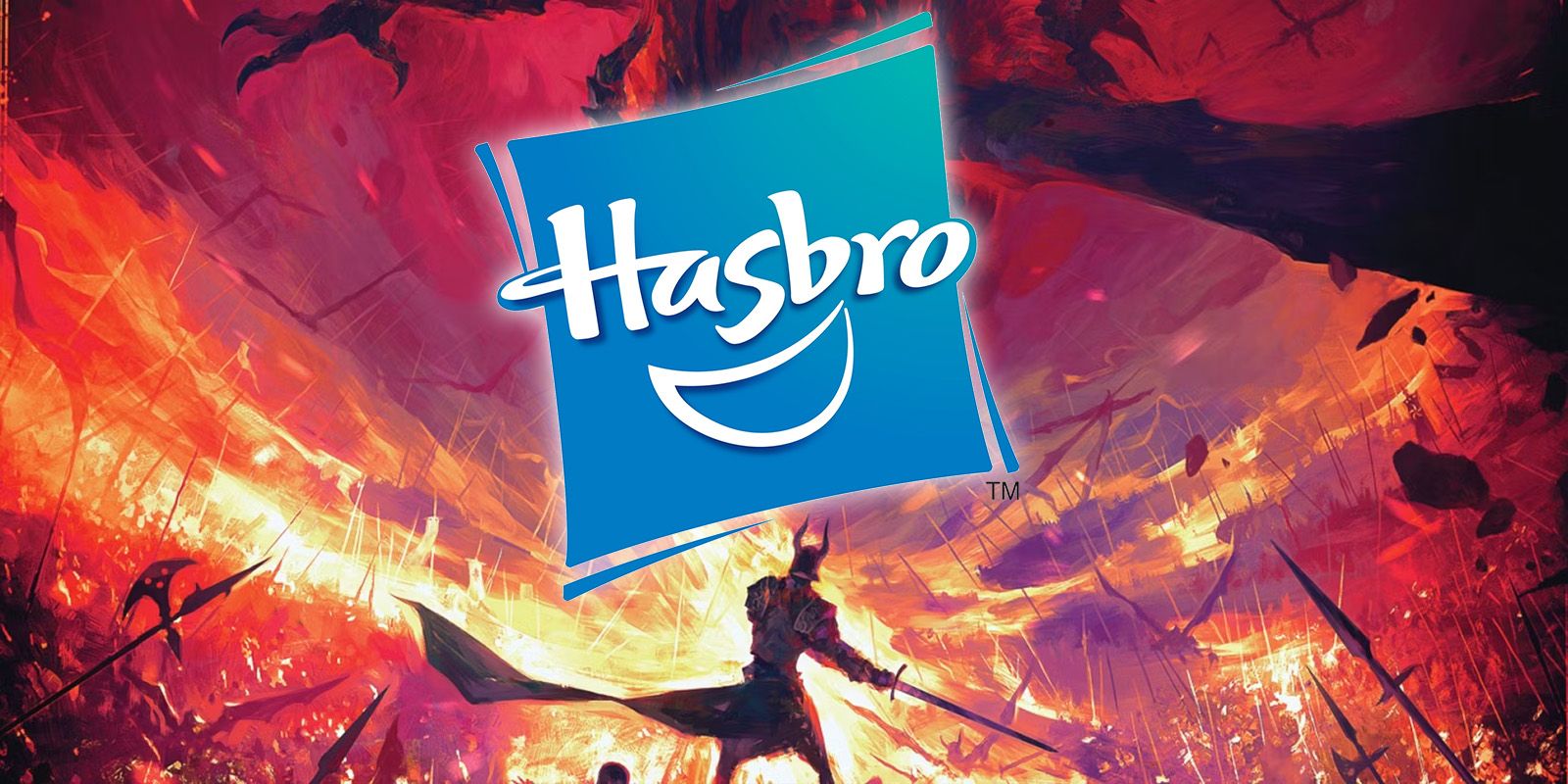 O logotipo da Hasbro sobreposto à imagem de um guerreiro lutando contra um dragão na arte de D&D.