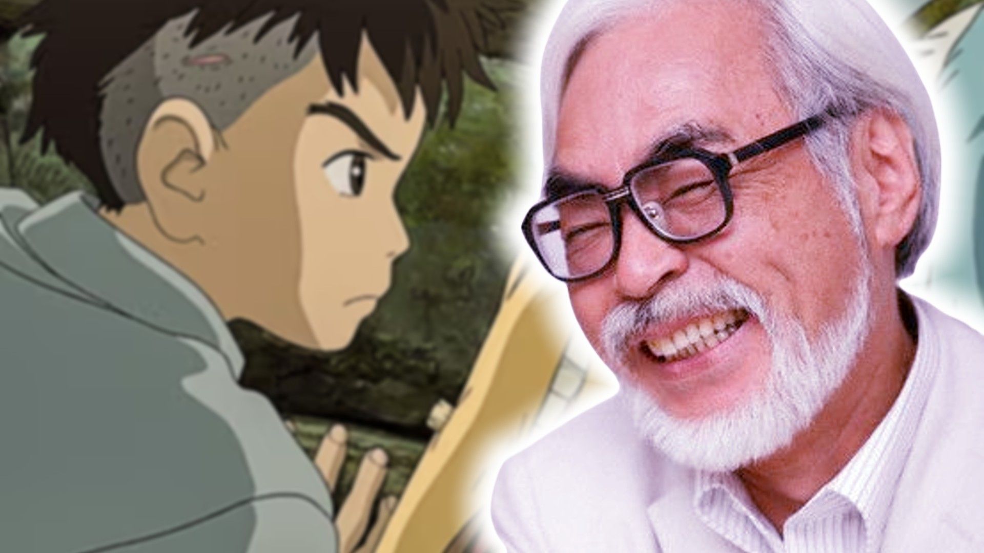 Hayao Miyazaki laughing with a poster of The Boy And The Heron behind him