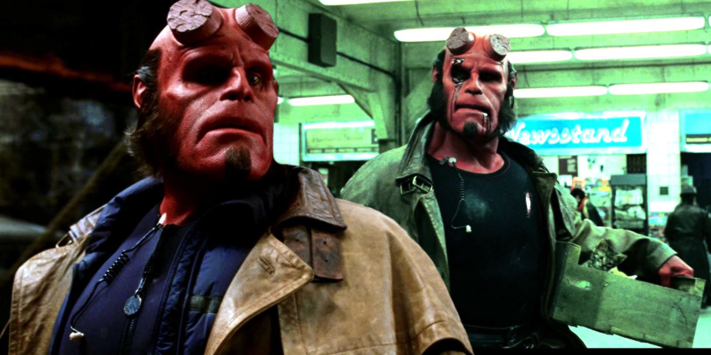 Gambar terpisah Ron Perlman sebagai Hellboy yang melihat ke kejauhan dan memegang sekotak anak kucing di Hellboy (2004)