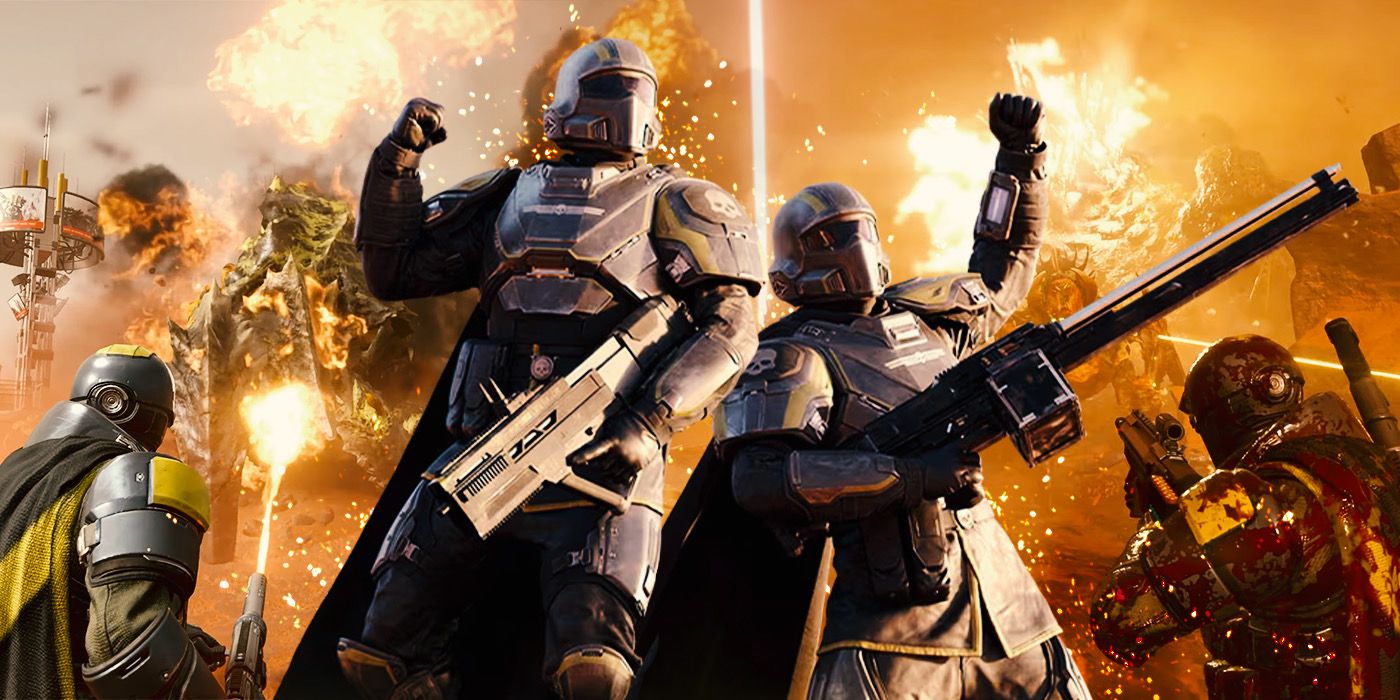 2 Helldivers characters standing beside each other holding guns with fire in the background