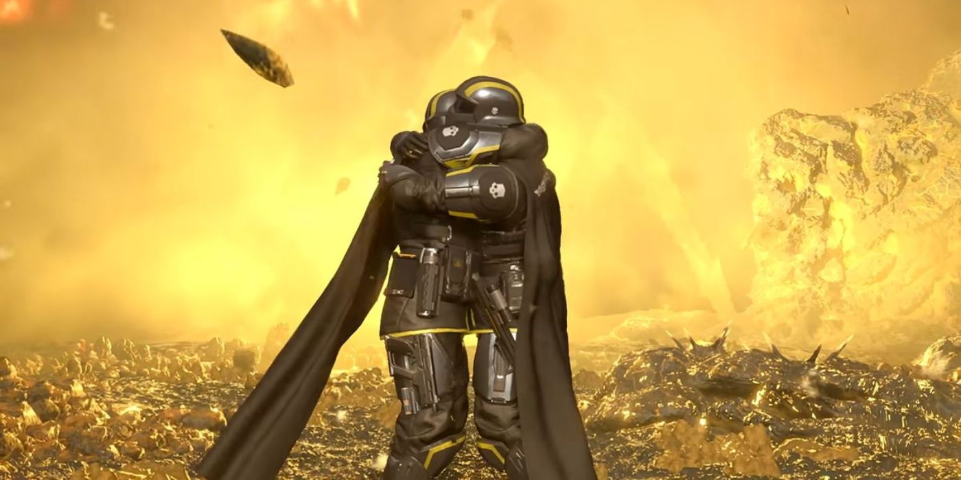 Two players hugging in Helldivers 2