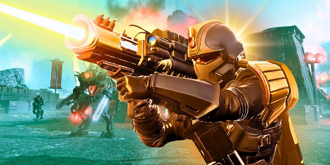 A Helldivers 2 soldier firing a large weapon with Automatons in the background.