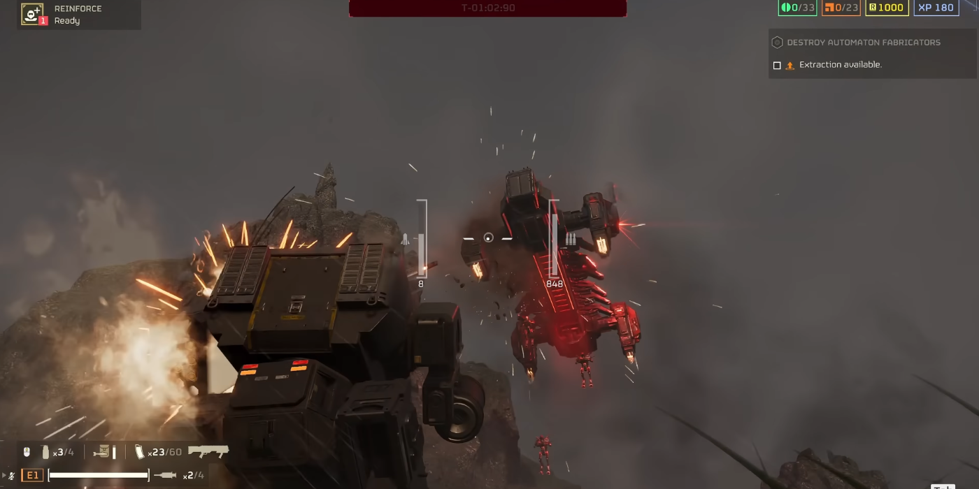 Player shooting enemy drop-ship with Mech suit's Rocket Launcher in Helldivers 2 mission.