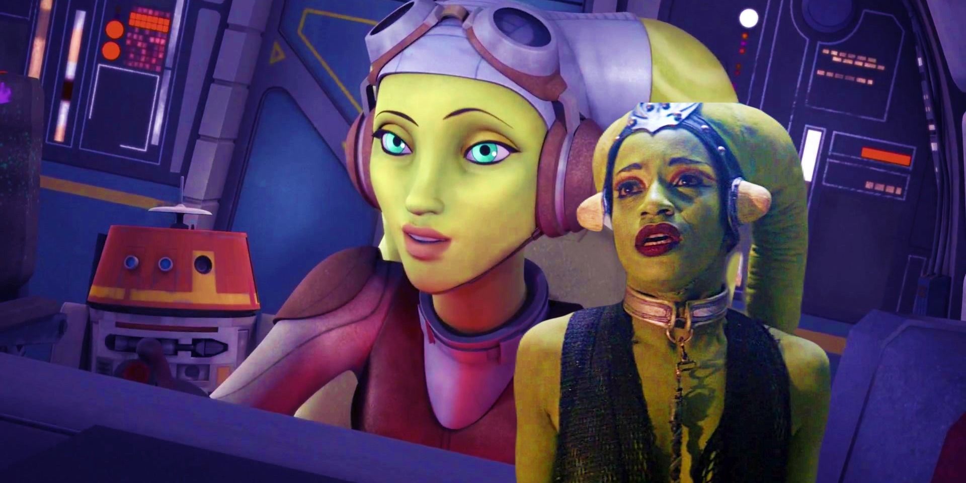 Hera flying the Ghost with Chopper behind her from Star Wars Rebels in the background with Oola from Return of the Jedi in the foreground