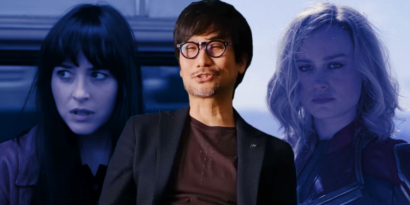 Madame Web (Dakota Johnson) on the left, Captain Marvel (Brie Larson) on the right, and Hideo Kojima in the middle