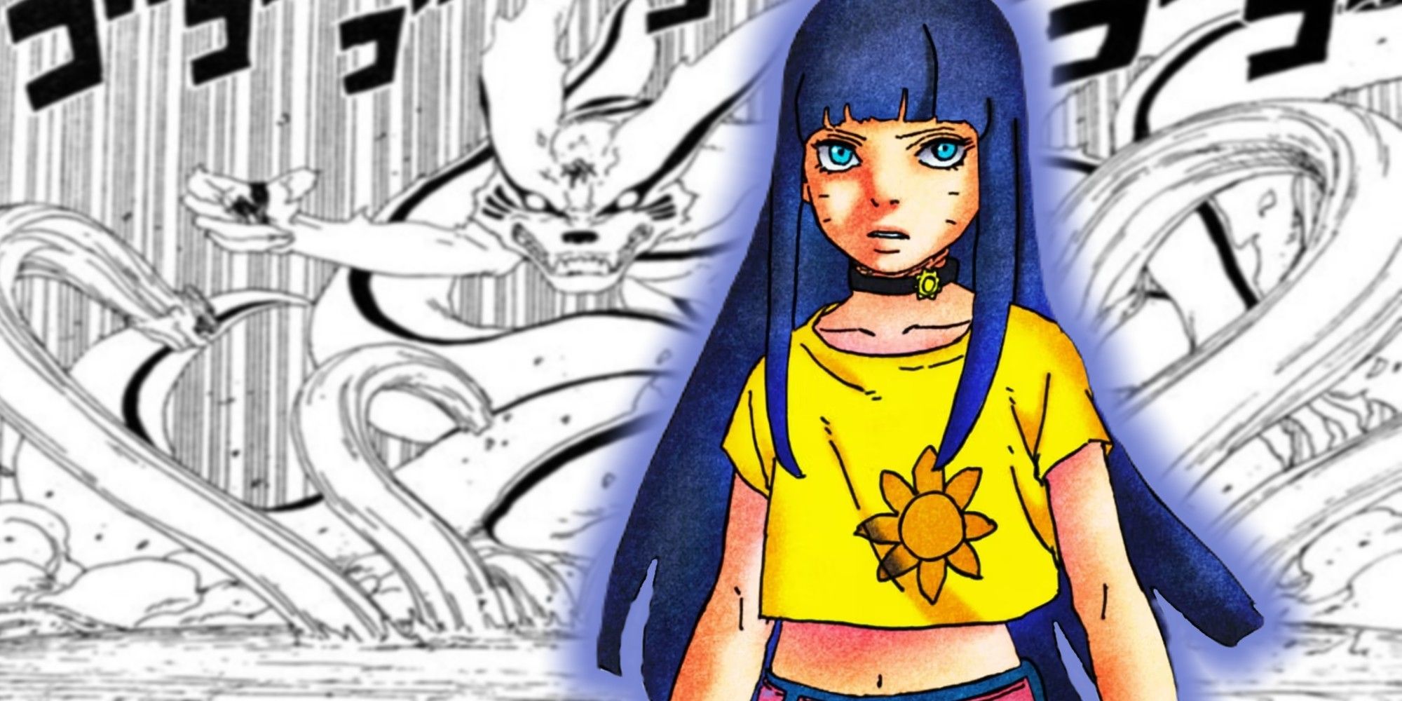 Himawari de Boruto Two Blue Vortex em frente a um painel de mangá de Kurama