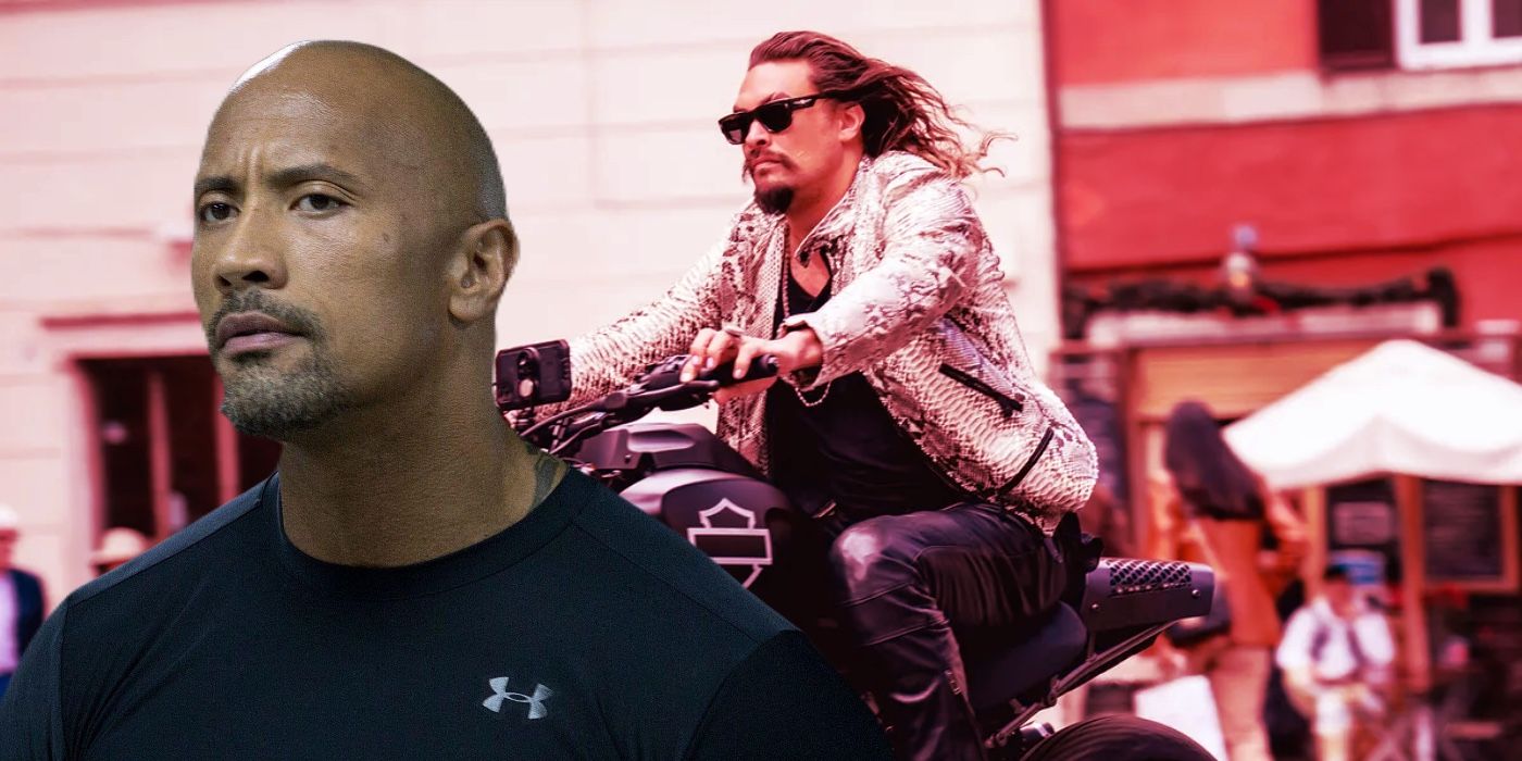 A composite image of The Rock as Hobbs with Jason Mom as Luke Reyes riding a motorcycle from The Fast and Furious