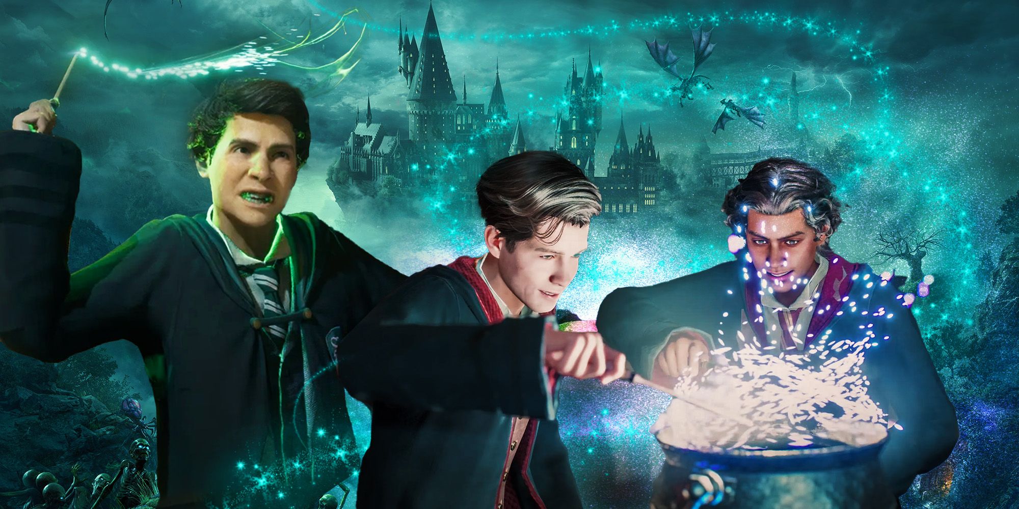 A student casts a spell alongside two other learners brewing a potion in Hogwarts Legacy