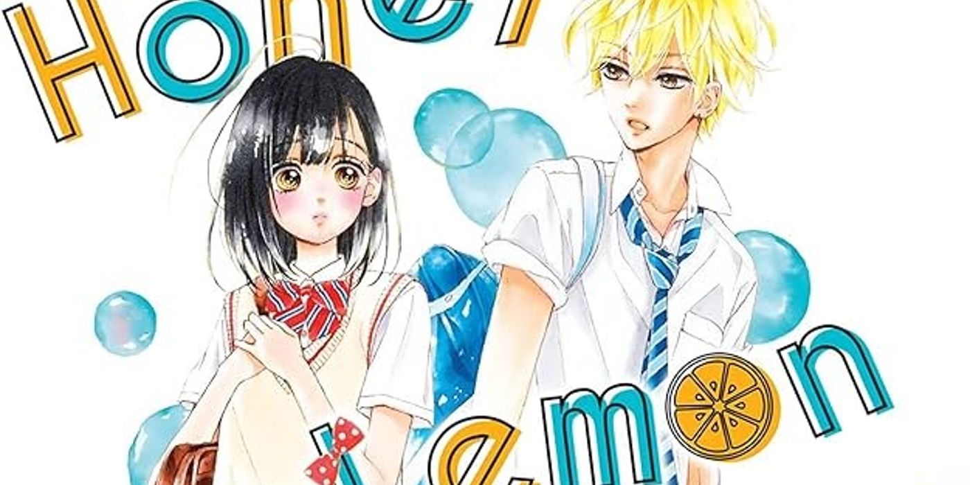 Uka e Kai da capa do mangá Honey Lemon Soda apresentando os dois personagens principais cercados por bolhas de refrigerante.