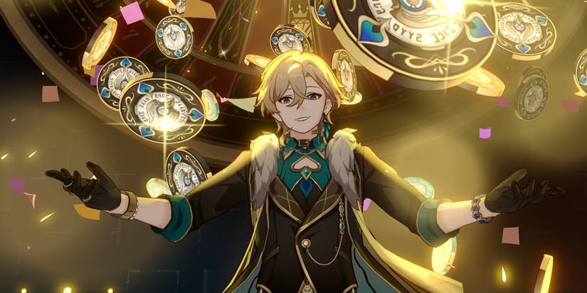 Honkai Star Rail's Aventurine poses while giant game chips fall from above.
