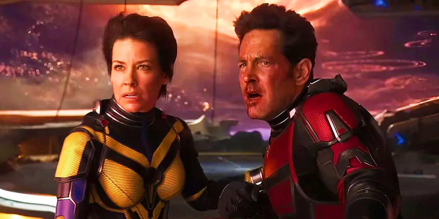 Hope Van Dyne and Scott Lang fighting Kang the Conqueror in the Quantum Realm in Ant-Man and the Wasp Quantumania