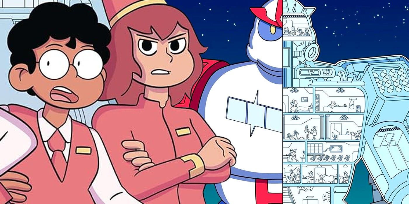 hotelitor cover - two staff members stand in front of a giant mech that’s also a hotel, in a cartoonish style