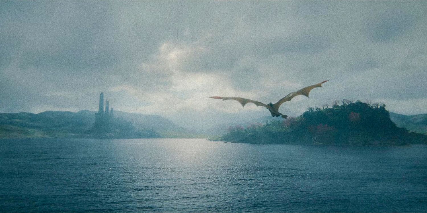 General shot of Dragonstone with a dragon flying in House of the Dragon - season 2