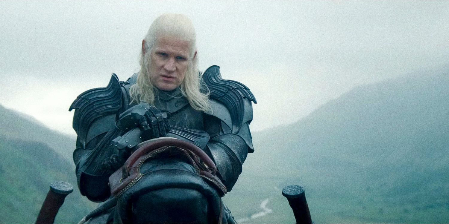 Daemon Targaryen with armor and the landscape of a valley behind him in House of the Dragon - season 2