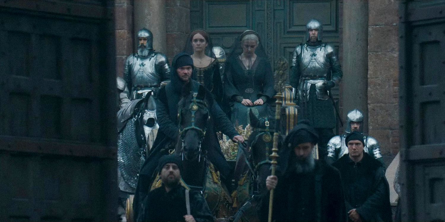 Alicent Hightower and Helaena Targaryen in a funeral procession in in House of the Dragon - season 2