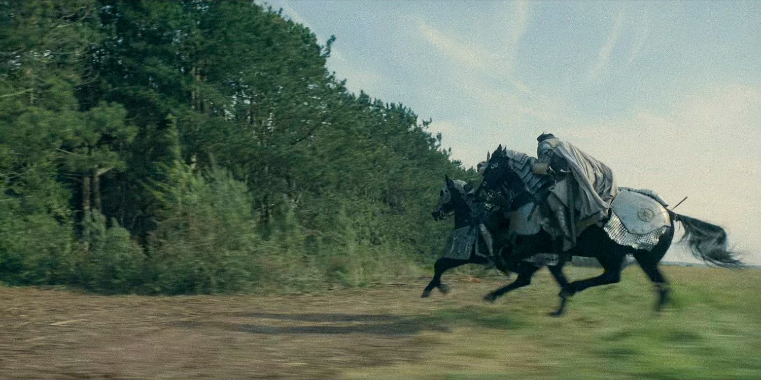 Knights riding on horses entering the forest in House of the Dragon - season 2