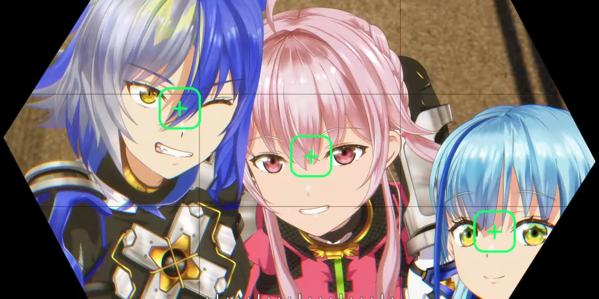 Rin Rindo and two other racers from Highspeed Étoile pose for a camera, as the shutter snaps from the camera's point of view.