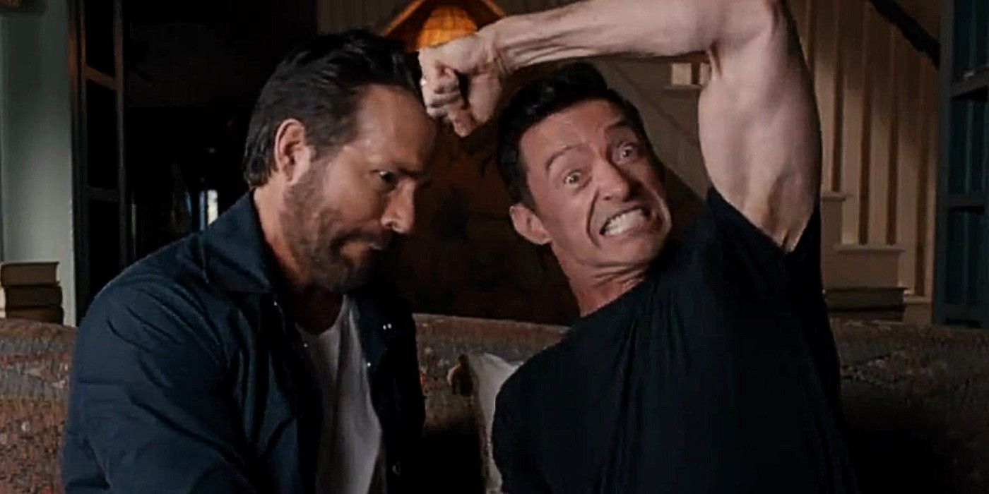 Hugh Jackman stabbing Ryan Reynolds in the head in Deadpool & Wolverine announcement