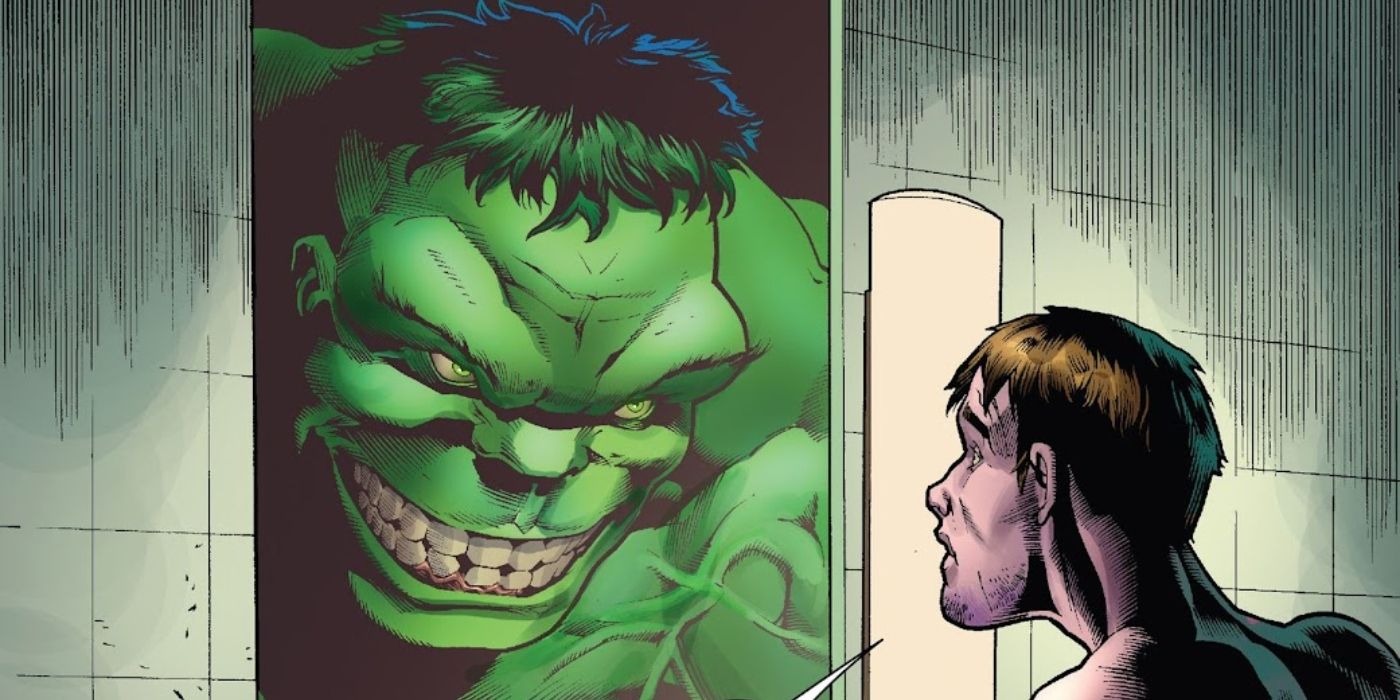 Bruce Banner olhando no espelho para ver o Hulk sorrindo para ele.