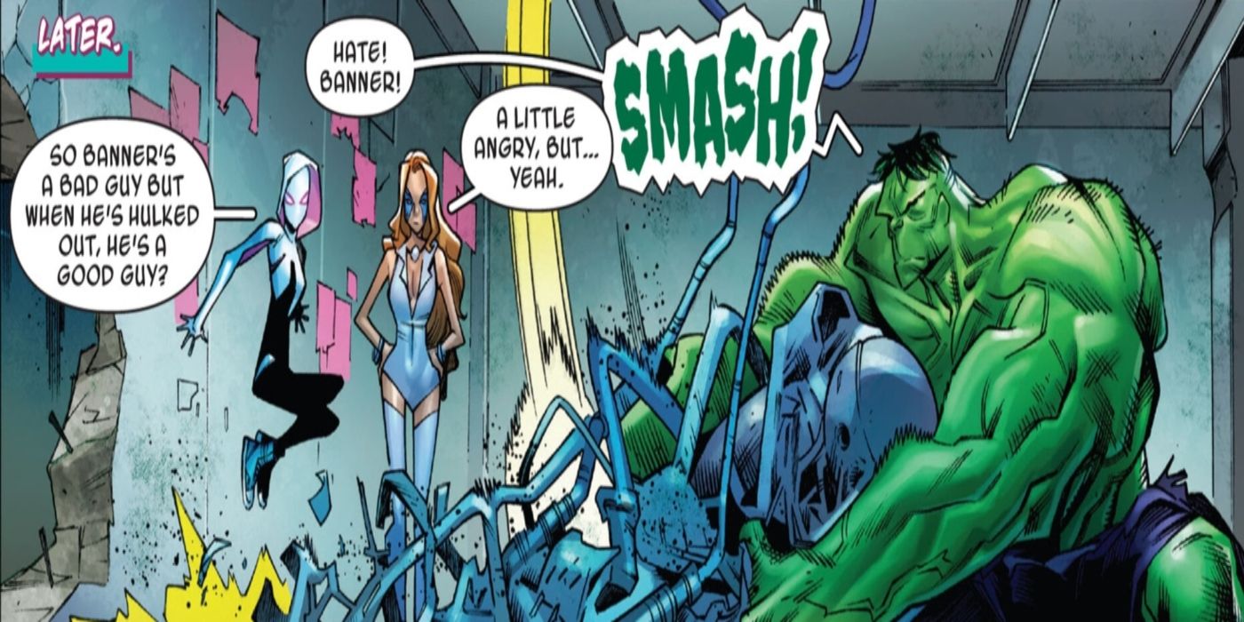 Hulk ajudando Spider-Gwen e Dazzler a escapar do laboratório de Bruce Banner.