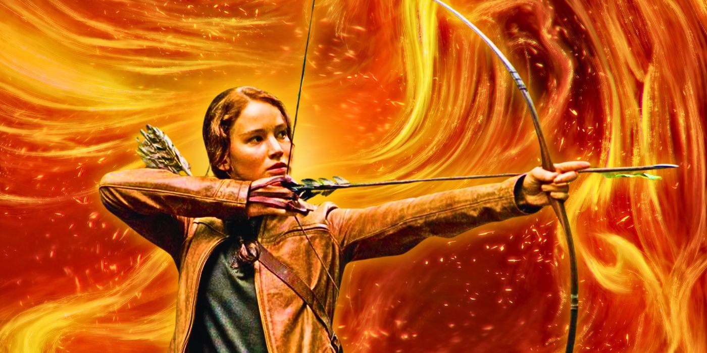 Jennifer Lawrence as Katniss Everdeen holding a bow and arrow in The Hunger Games.