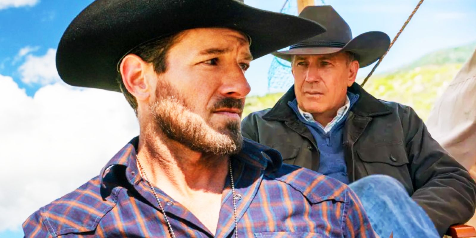 Ian Bohen as Ryan juxtaposed with Kevin Costner as John Dutton in Yellowstone