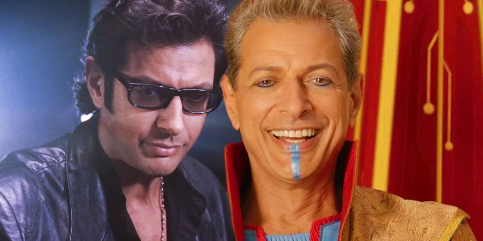 Ian Malcolm parece sério em Jurassic Park ao lado do Grande Mestre rindo em Thor Ragnarok, ambos interpretados por Jeff Goldblum