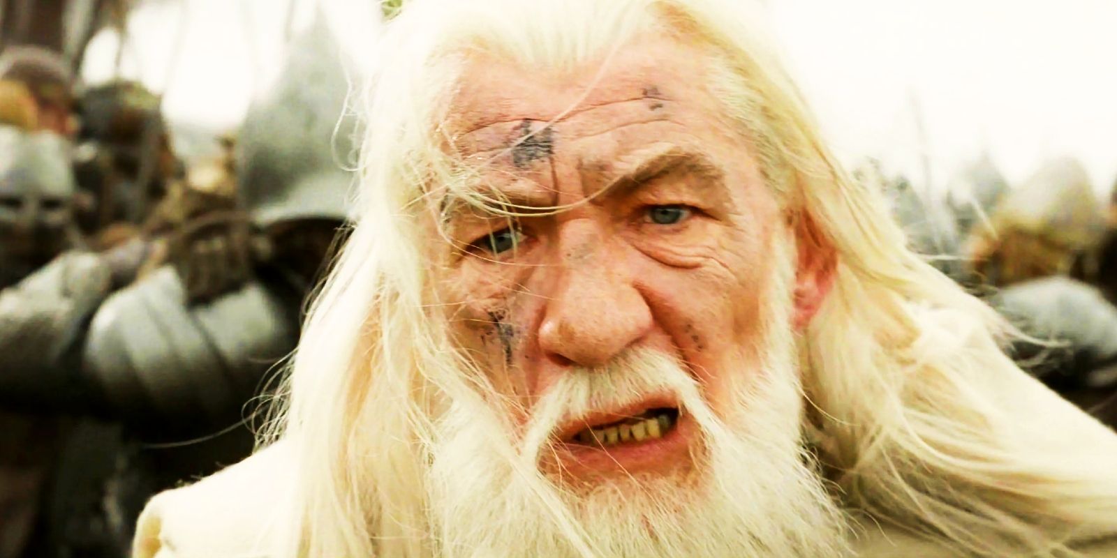 Ian McKellen as Gandalf in the heat of battle in Lord of the Rings The Return of the King