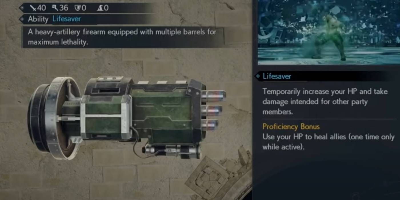 Arma FF7 Rebirth Barrage Blaster Barret com estatísticas e descrição de habilidade