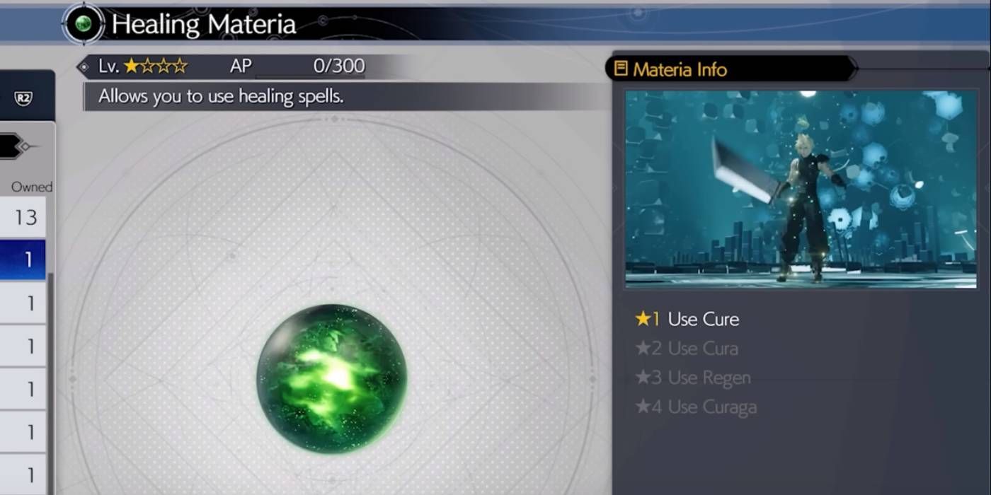 FF7 Rebirth Healing Green Magic Materia com informações e atualizações exibidas