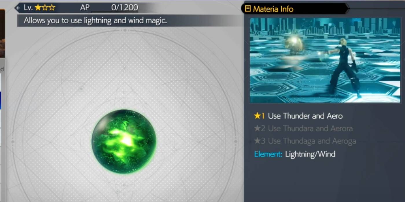 FF7 Rebirth Lightning and Wind Elemental Magic Materia com informações e atualizações exibidas