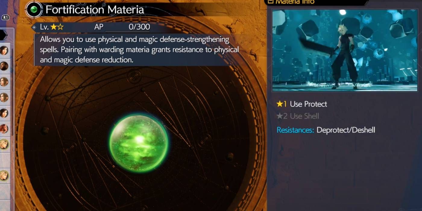 FF7 Rebirth Fortification Magic Materia com informações e atualizações exibidas