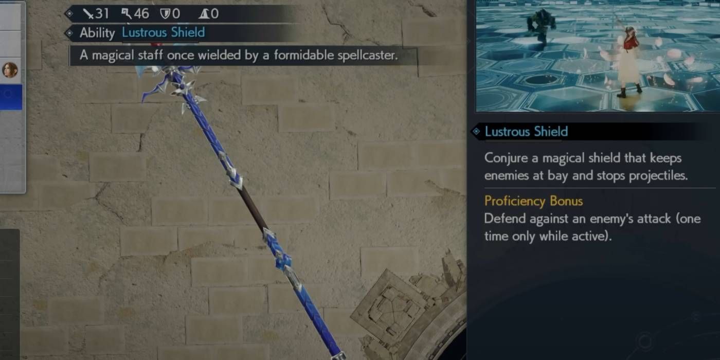 FF7 Rebirth Wizard's Rod Aerith weapon with stats and ability description