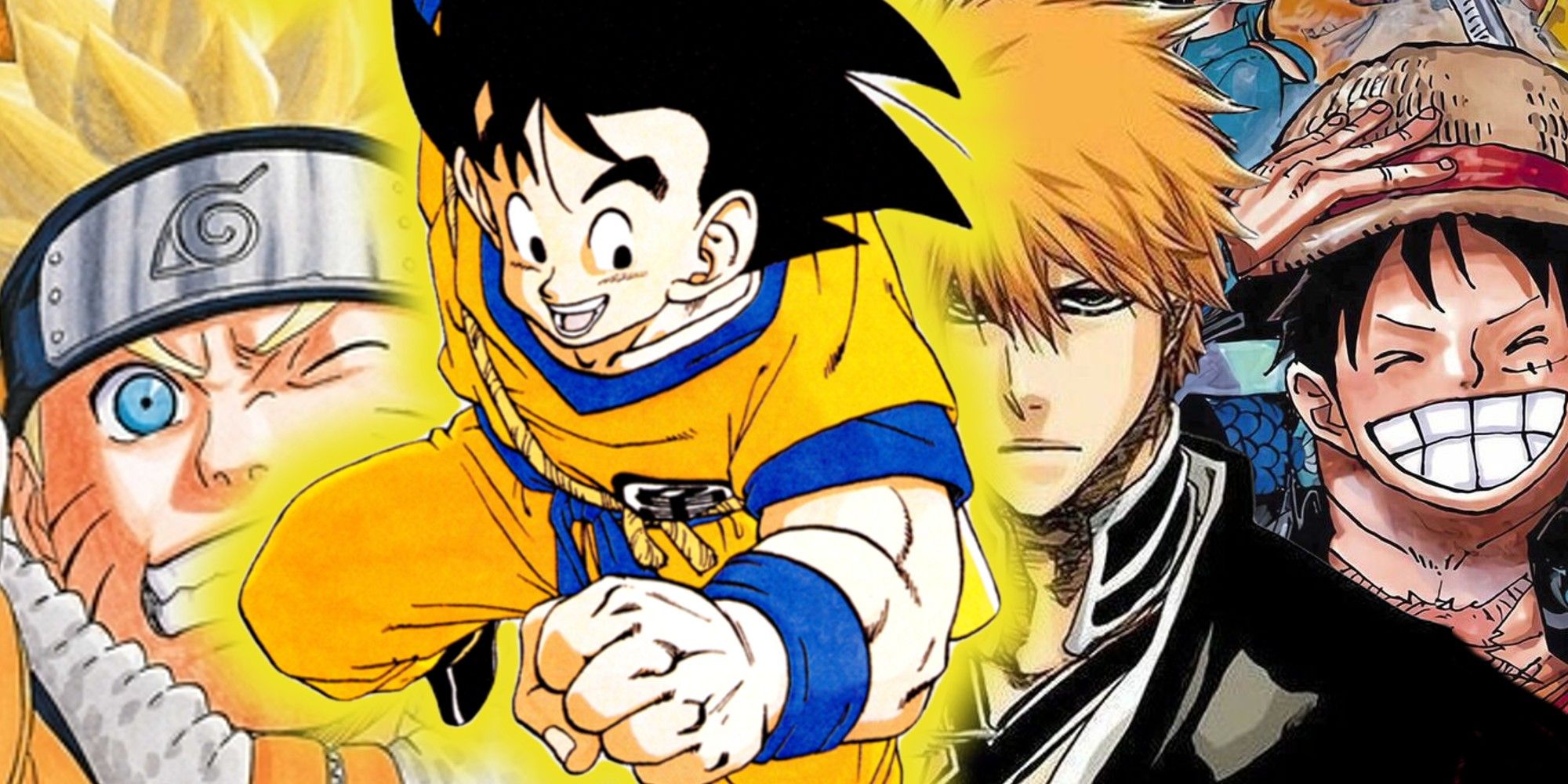 A collage-style Image featuring the official manga art of Naruto, Ichigo and Luffy with Goku in the middle